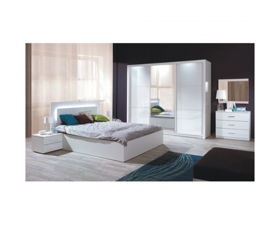 KONDELA Hálószoba garnitúra (Szekrény+Ágy 160x200+2x éjjeliszekrény), fehér/magasfényű fehér HG, ASIENA
