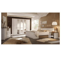 KONDELA Hálószoba bútor készlet (ágy, 2 éjjeliszekrény, szekrény), pínia fehér/ tölgy sonoma trufla, LUMERA