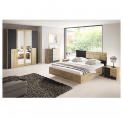 KONDELA Hálószoba szett (ágy+2x éjjeliszekrény+szekrény), artisan tölgy/fekete norvég fenyő, BAFRA
